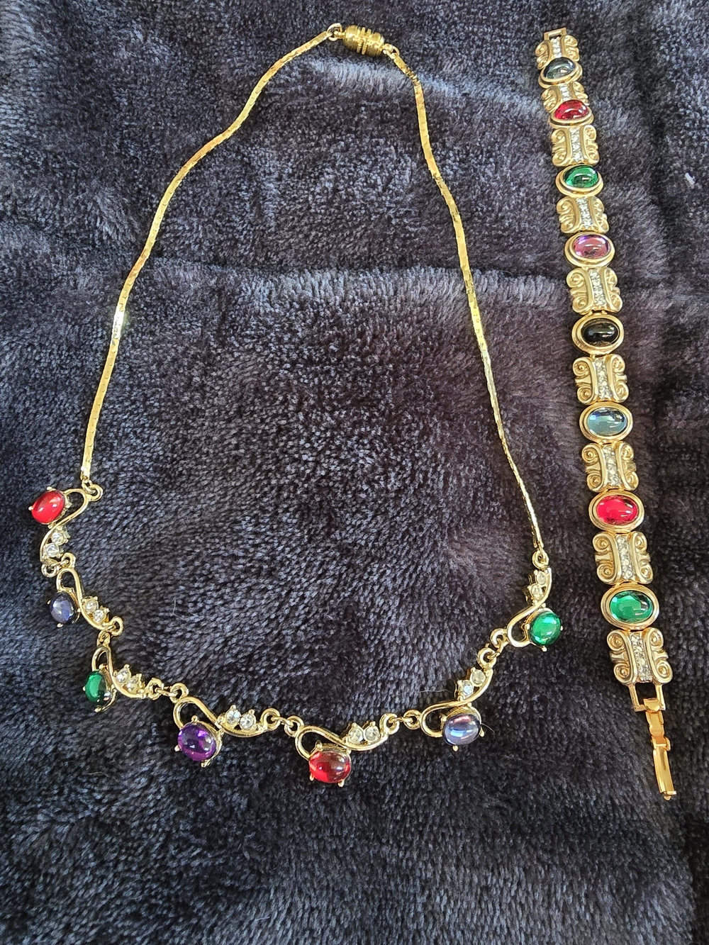 🌟 Vintage Gold Tone Multi-Color Cabochon Statement Necklace & Bracelet Jewelry